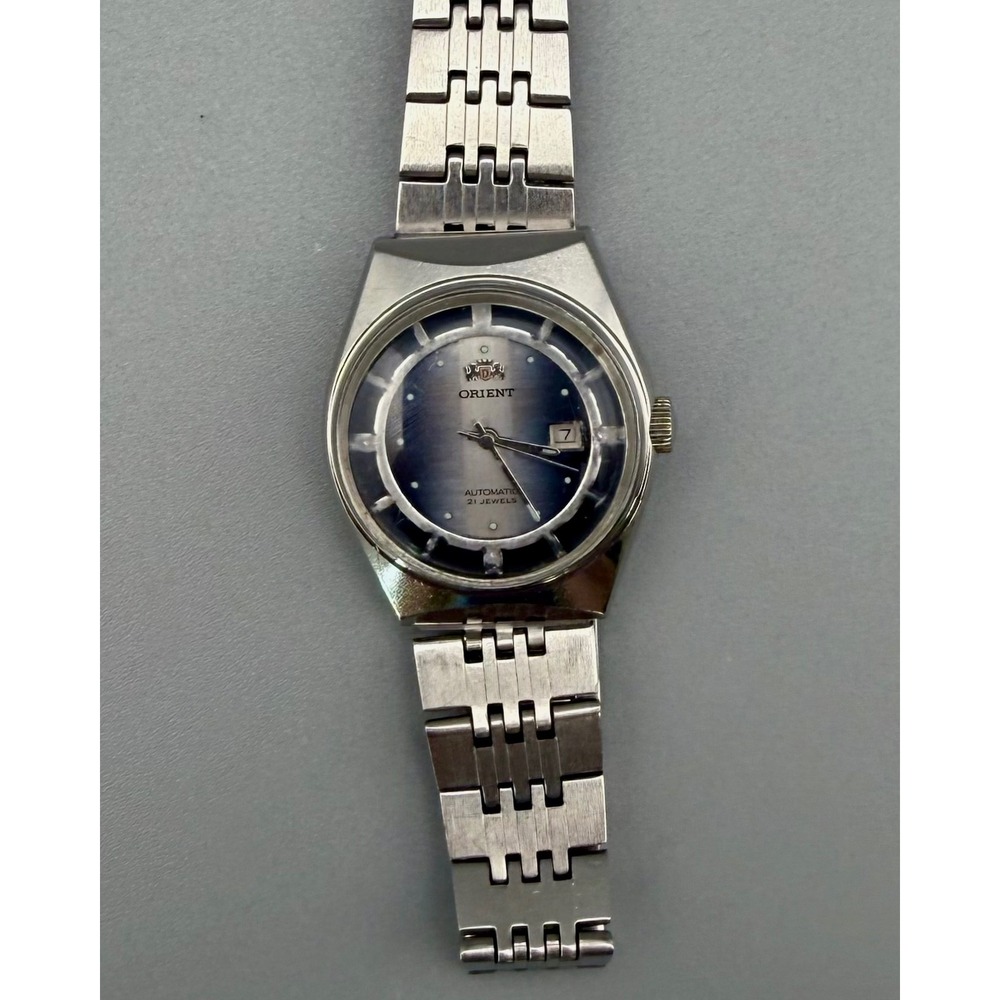 Vintage Orient Automatic 21 Jewels Blue Dial Date Stainless Steel Watch 25mm